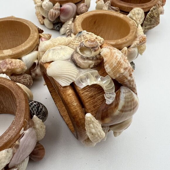 Set 8 Vtg Mixed Sea Shell Wood Napkin Rings Beach Ocean Nautical Boho - Picture 11 of 12